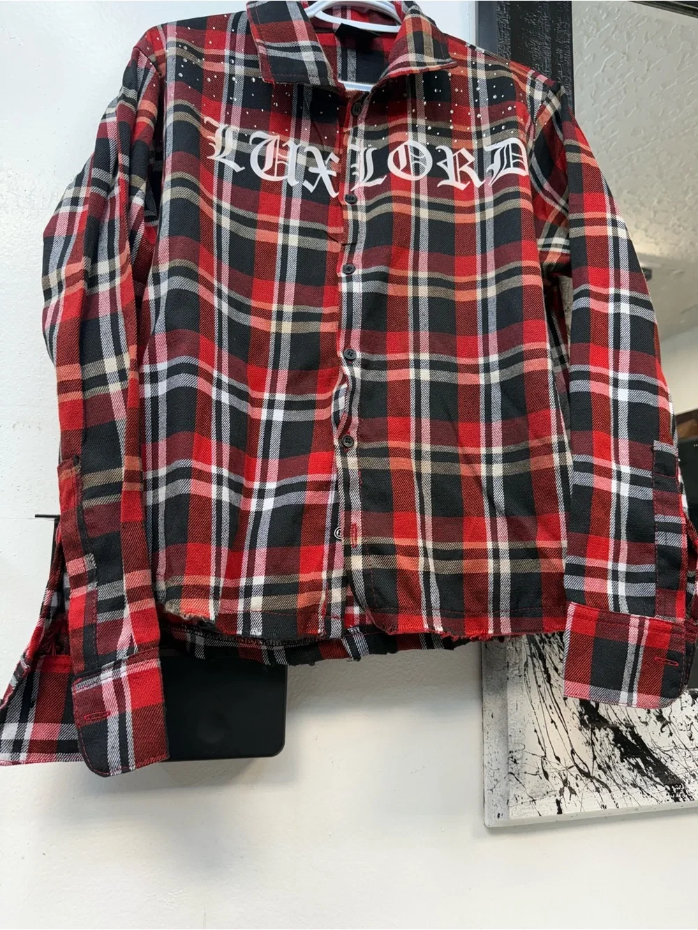 Lux Red and Black Plaid Shirt with Script Neck Tag - Picture 3 of 5